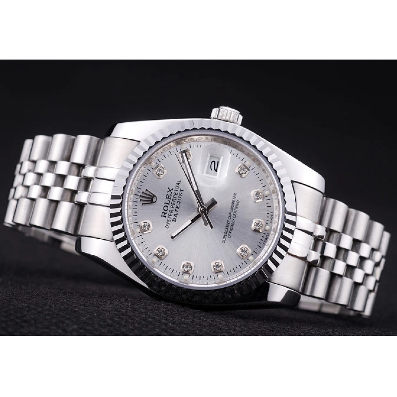 Aaa fake watches Diamonds Bezel Rolex Dial Silver Datejust 7455 Ribbed 0517